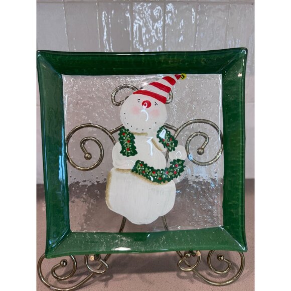 Foreside 9" X 9" Painted Glass Plate Snowman Design Holiday Décor Art-Glass - Picture 1 of 5